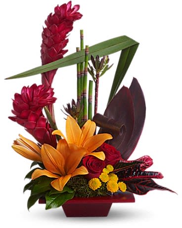 TELELFORA'S TROPICAL BLISS - Escape to tropical bliss with this stunning, sculptural presentation. Sun-kissed lilies, tropical red ti leaves and eye-catching red ginger are mixed with other colorful flowers and leaves in a decorative bamboo planter.