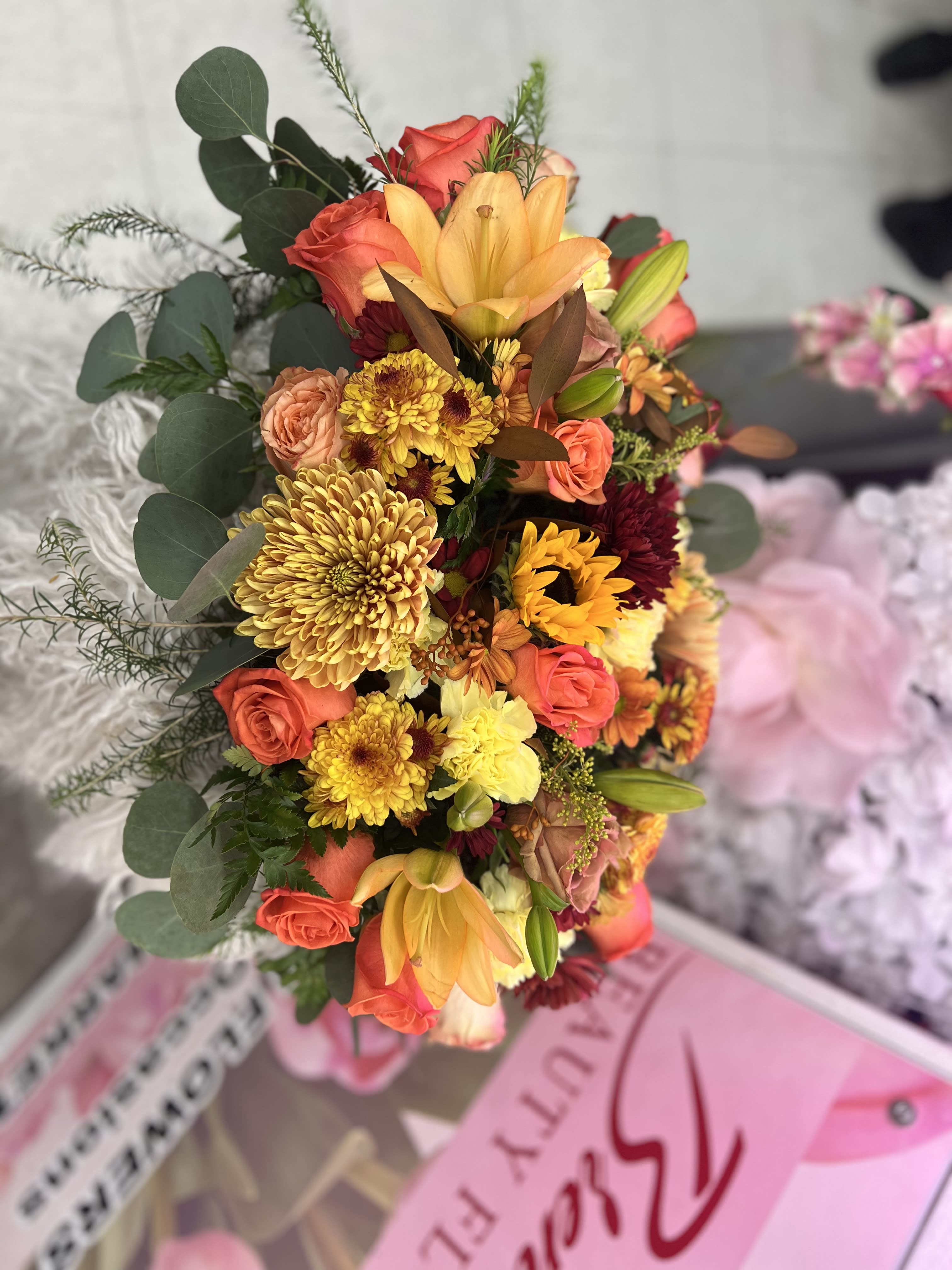 Thanksgiving centerpiece with no candles - Please Note: The bouquet pictured reflects our original design for this product. While we always try to follow the color palette, we may replace stems to deliver the freshest bouquet possible, and we may sometimes need to use a different vase.   