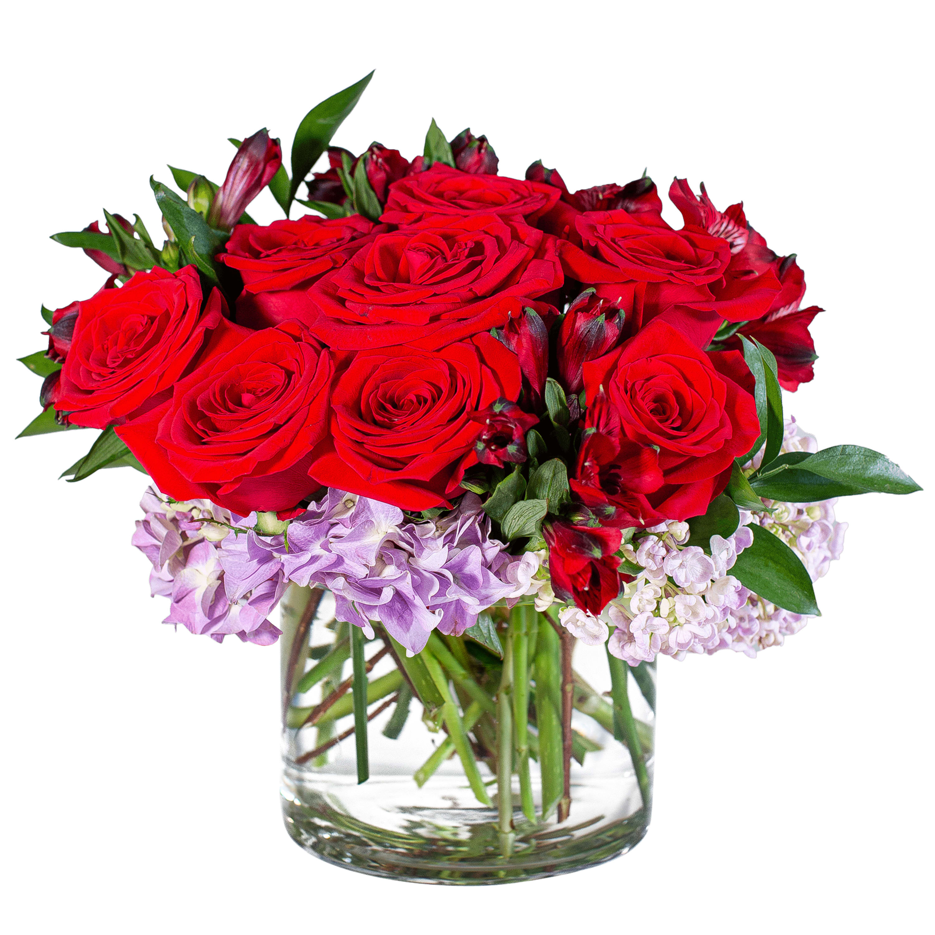 XOXO Love - TMF-1539 - You inspire me. XOXO Love sends love. Red Roses and purple Hydrangeas make a statement in this clear glass vase. Approximately 11&quot;W X 13&quot;H