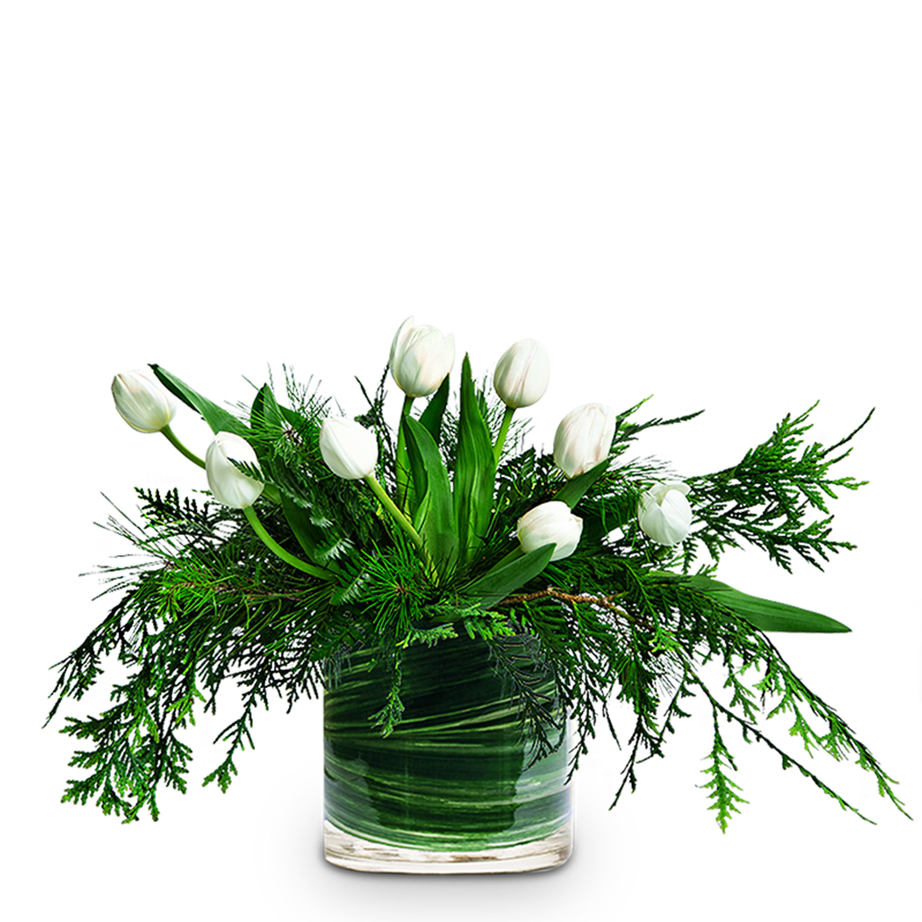 Tulip Tip Toe - TMF-1254 - Whimsical. Tulip Tip Toe will have you envisioning a walk through the tulip field on a cool winter's day. White tulips are accented by greenery in a clear glass vase appropriate for an end table or coffee table. Approximately 22&quot; W X 12.5&quot; H