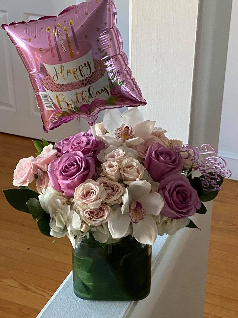 Fall in Love by Bloom by Nancy - Hydrangea, Roses, Orchid, Spray Roses and balloon