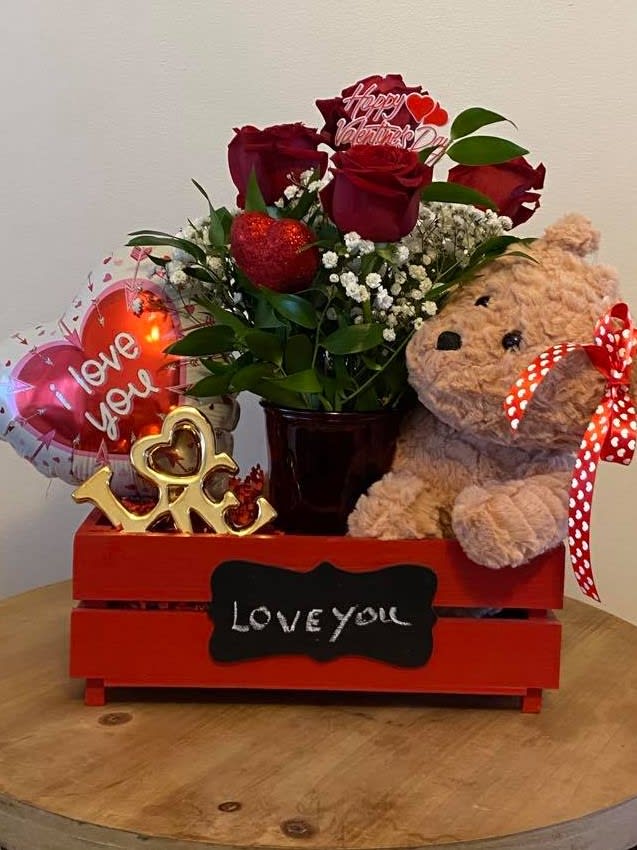 Love Box by Bloom by Nancy - You can write what you desire on the chalkboard. Red Roses, Baby's Breath, Balloon, Teddy Bear, Ceramic Gold Love Sign