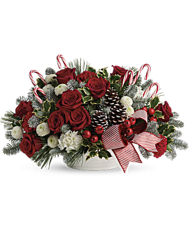 Candy cane delight  - Spread jolly cheer with this magnificent bouquet of Christmas roses and winter greens, accented with playful candy canes and arranged in a classic white bowl. This festive bouquet features red roses, red carnations, white carnations, white button spray chrystanthemums, variegated holly, noble fir, and white pine.