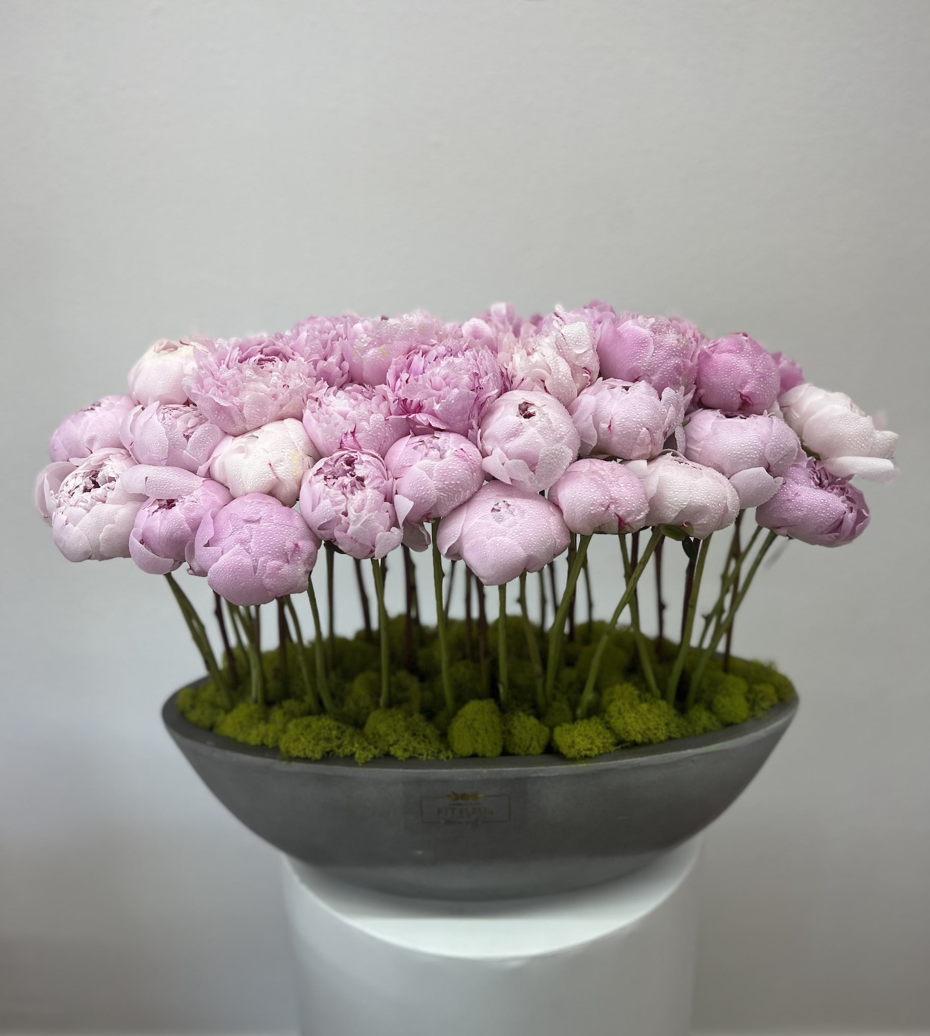 Peonies garden - Bring beauty to the table with elegant arrangement, presented in a long cement vase. This arrangement features peonies.   Due to the seasonality of flowers or supply chain issues, substitutions may occasionally need to be made. While we understand this is an inconvenience, we will fill your order with an arrangement of similar color and design style.