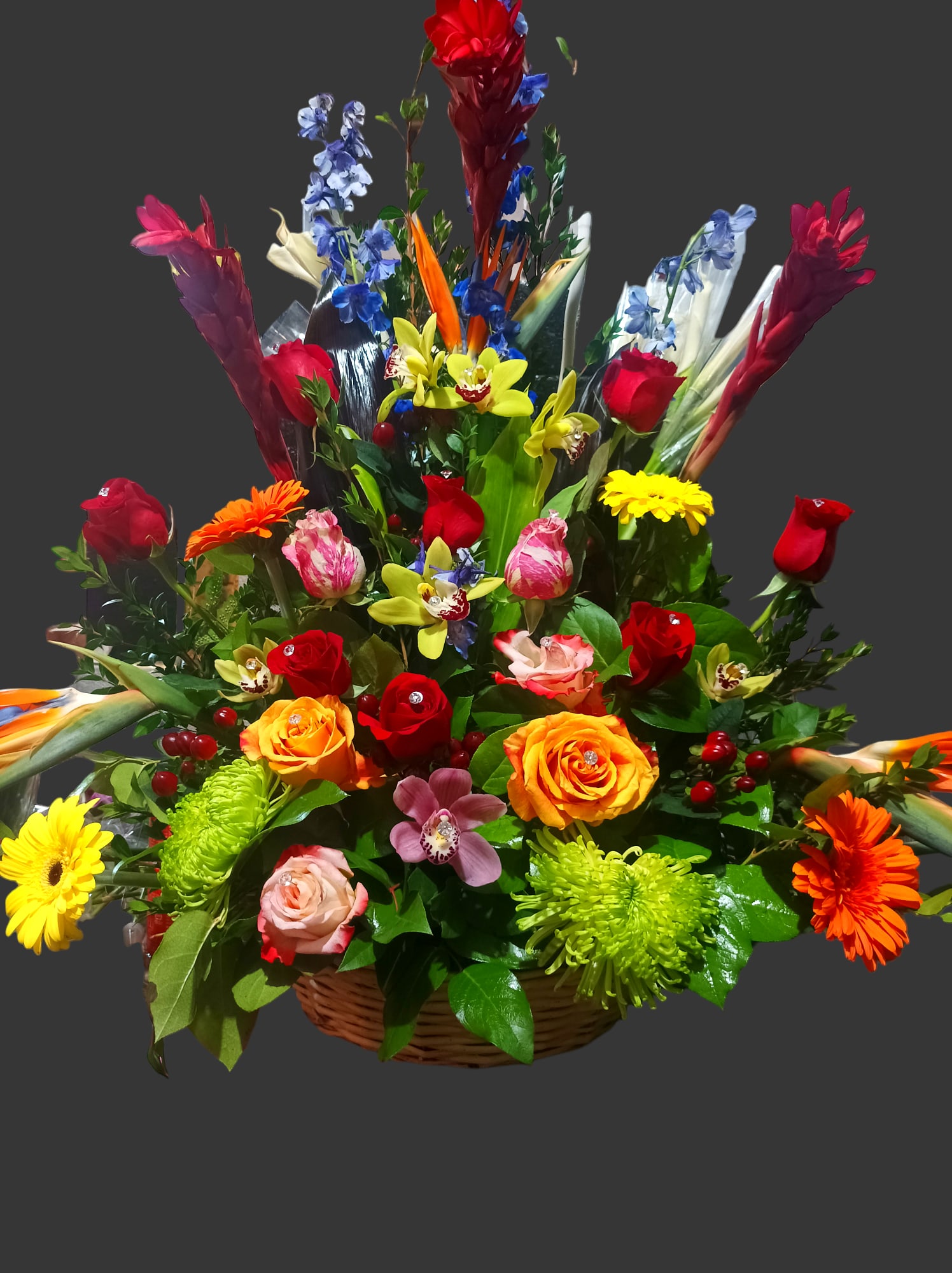 Large colorful mixed floral basket Large colorful mixed floral basket - The best of the best, this is a huge extremely large centerpiece filled with exotic flowers A mix of tropical red ginger flowers, birds of paradise exotic flowers, yellow cymbidium orchids, blue delphinium flowers, orange and yellow gerbera daisies, red hypericum berries, red and variegated mixed roses, italian ruscus, green spider mums, pink cymbidium orchids, expertly designed in a large basket.