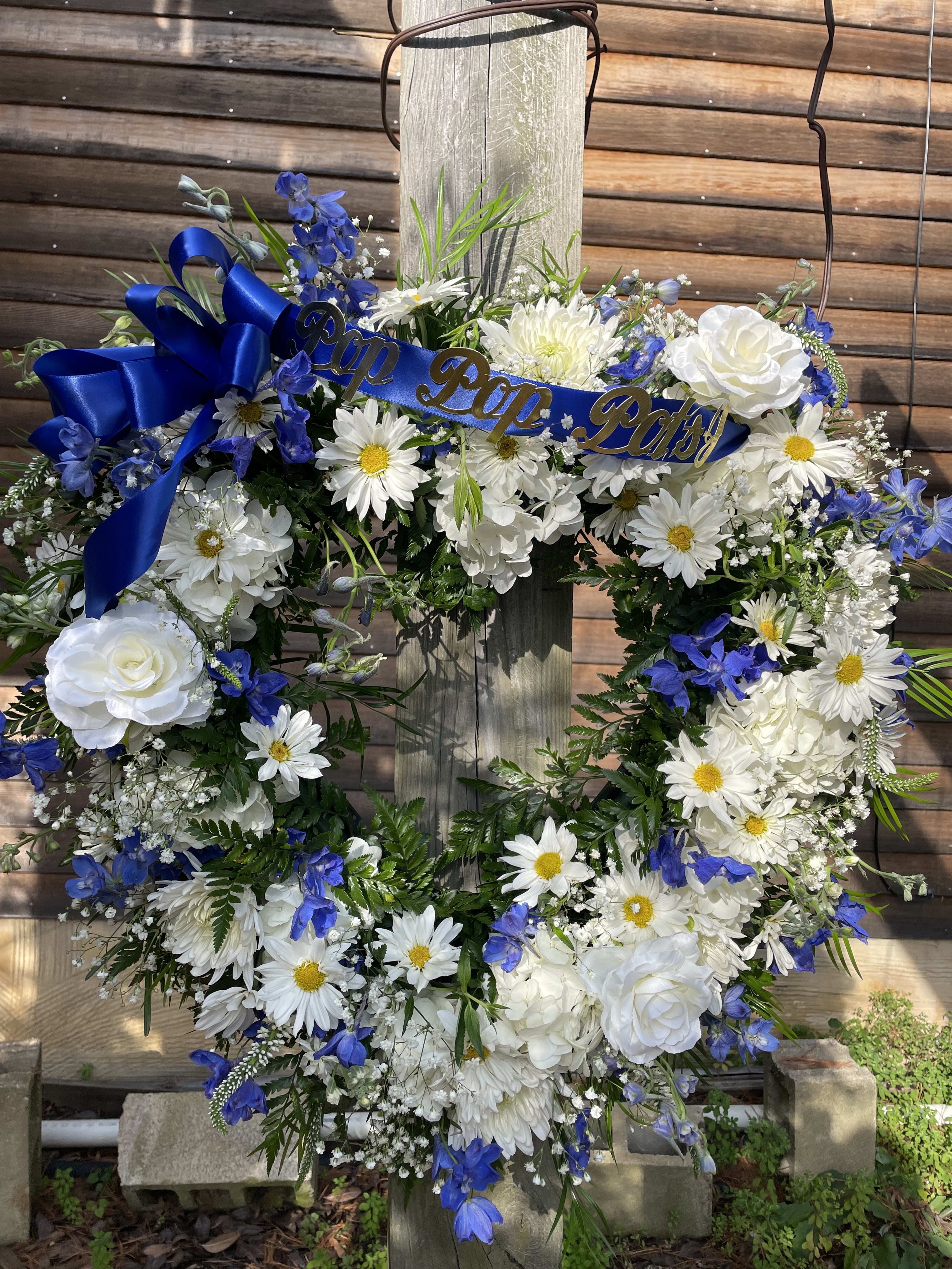 Open Heart in Blue and white  - Generous mix of pristine white and blue flowers with accompanying ribbon script if your choice 