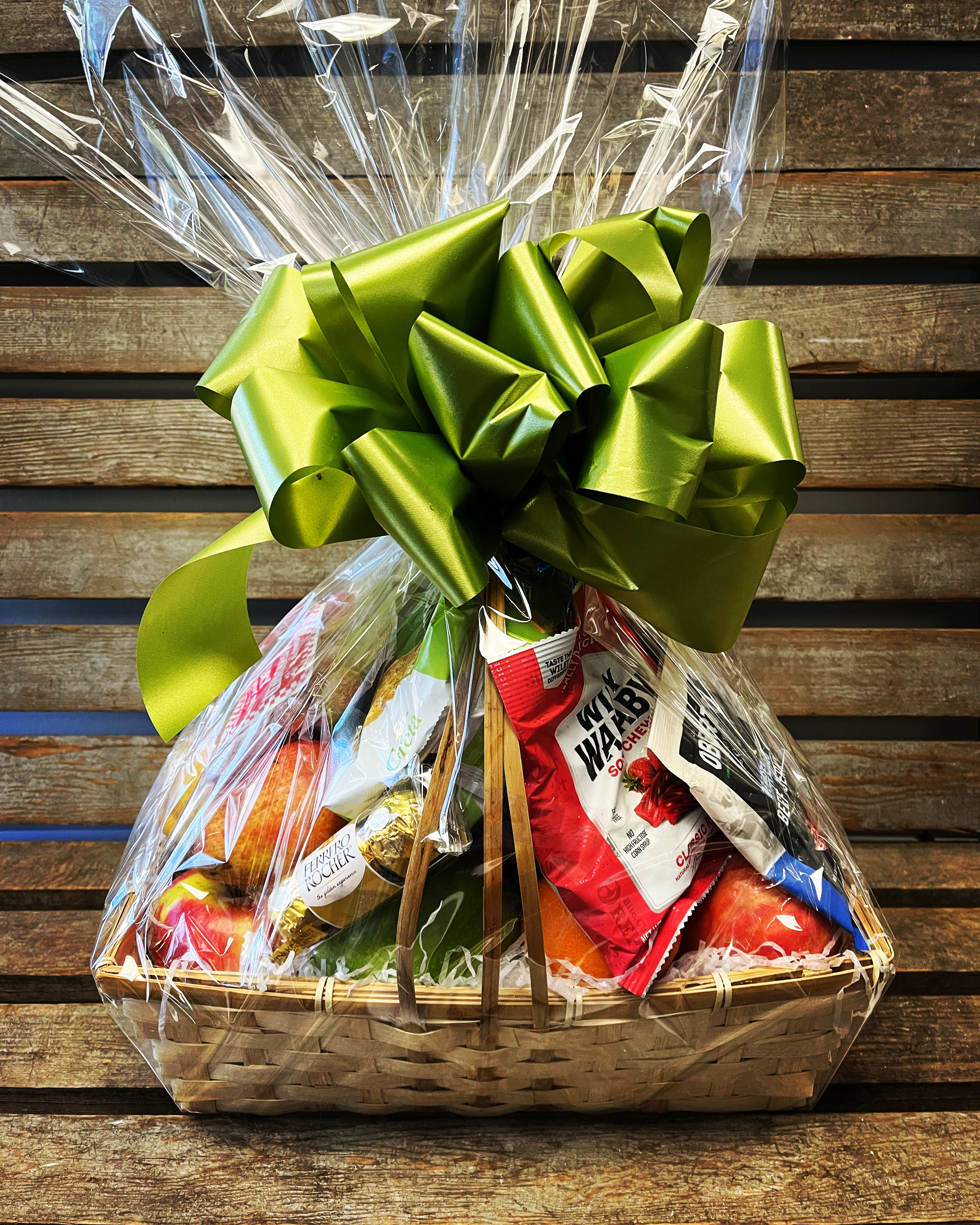  Fruit &amp; Gourmet basket ( WE NEED 24 HOUR NOTICE TO MAKE )  - Goodie basket filled with fruit ,apples , pears ,oranges  bridge mix, chocolate,cheese ,crackers , cookies , hard candy , licorice to name a few. 