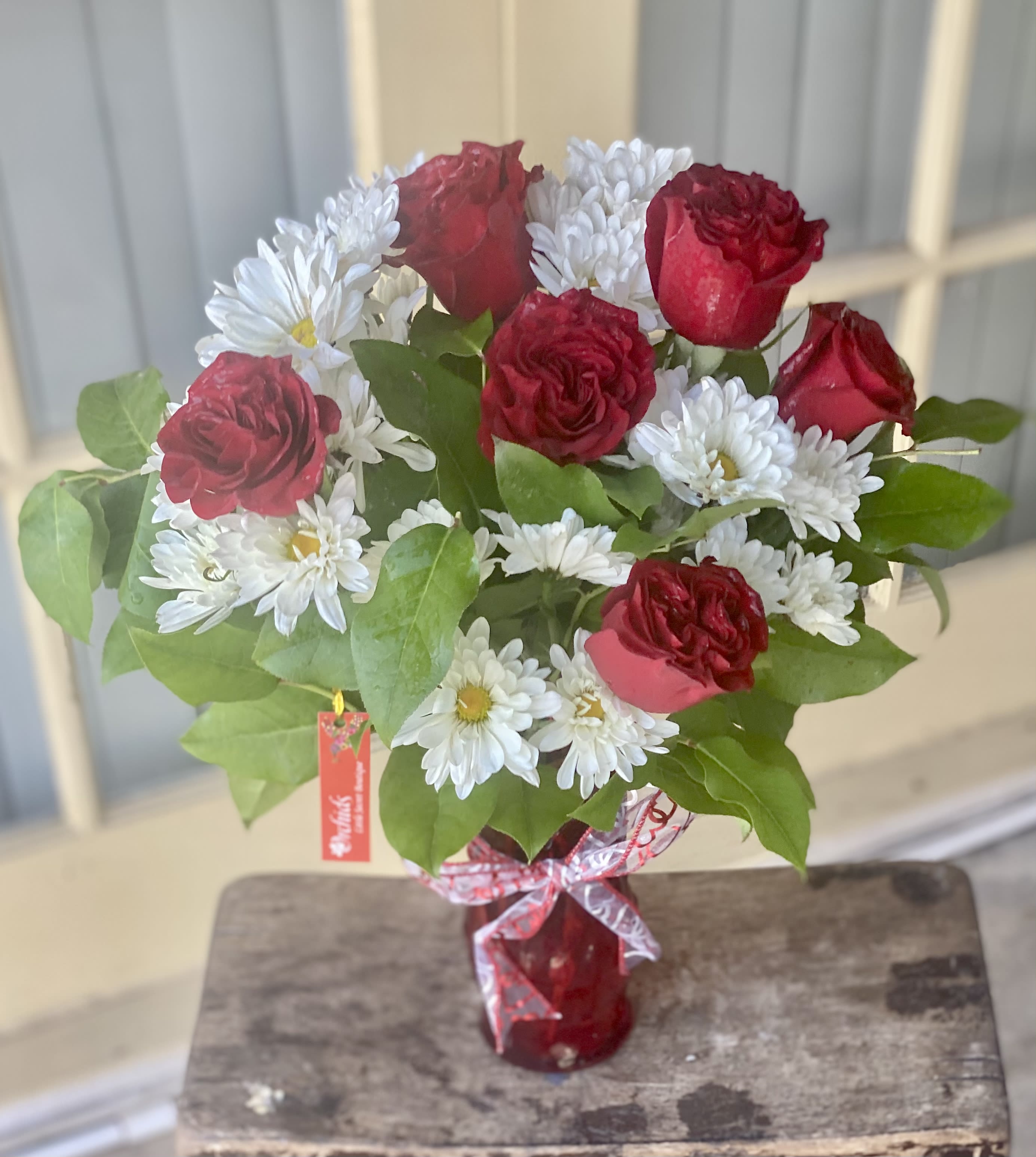 Heart Shaped Funeral Wreath  Red Carnations White Daisies