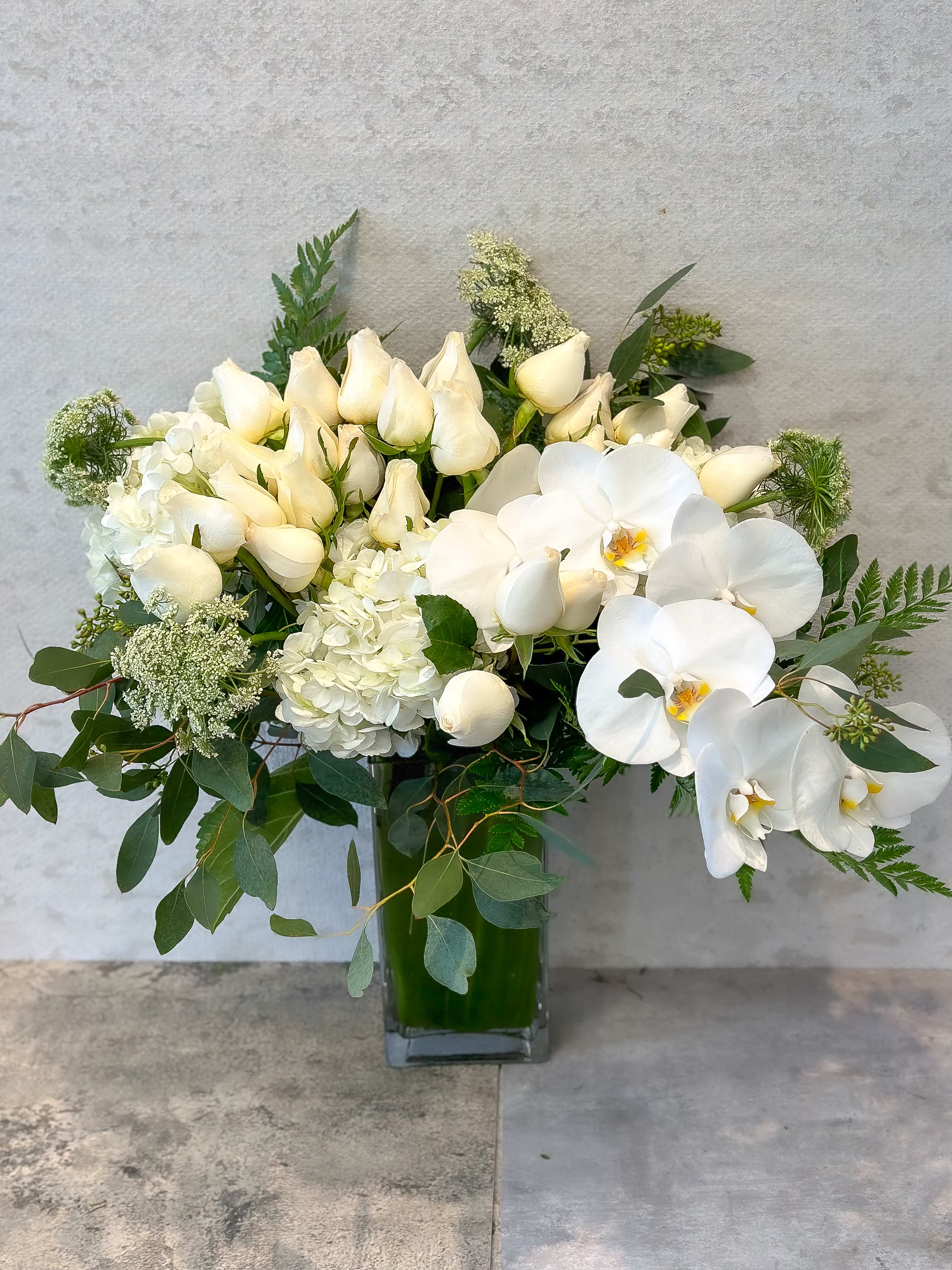 White Orchids and Roses - Standard - Your order will be arranged approximately as shown on our website.