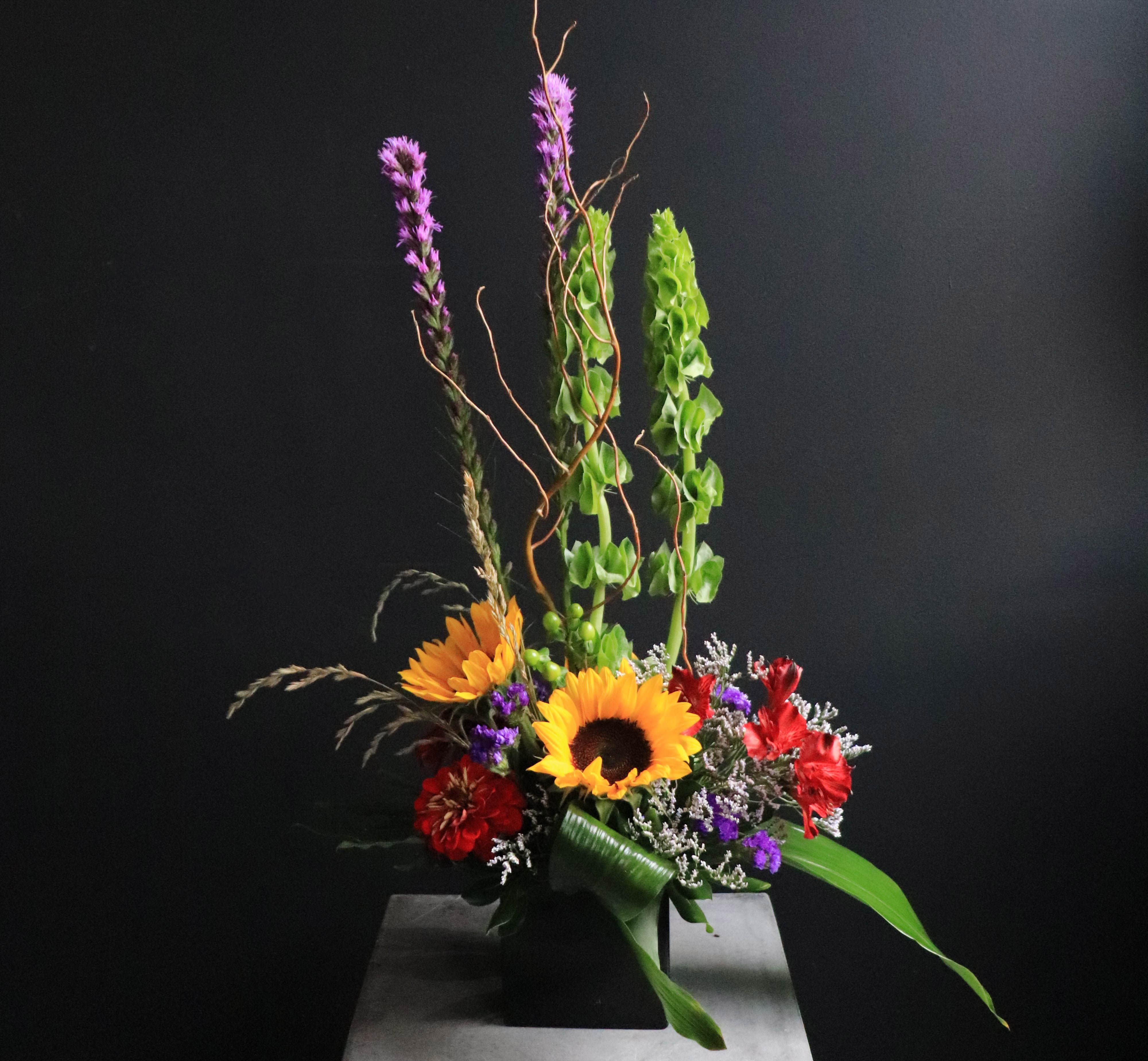Here For You - In a modern black container:  Statice, Sunflowers, Aspidistra, Mums, Curly Willow, Zinnia, Bells of Ireland, Monstera