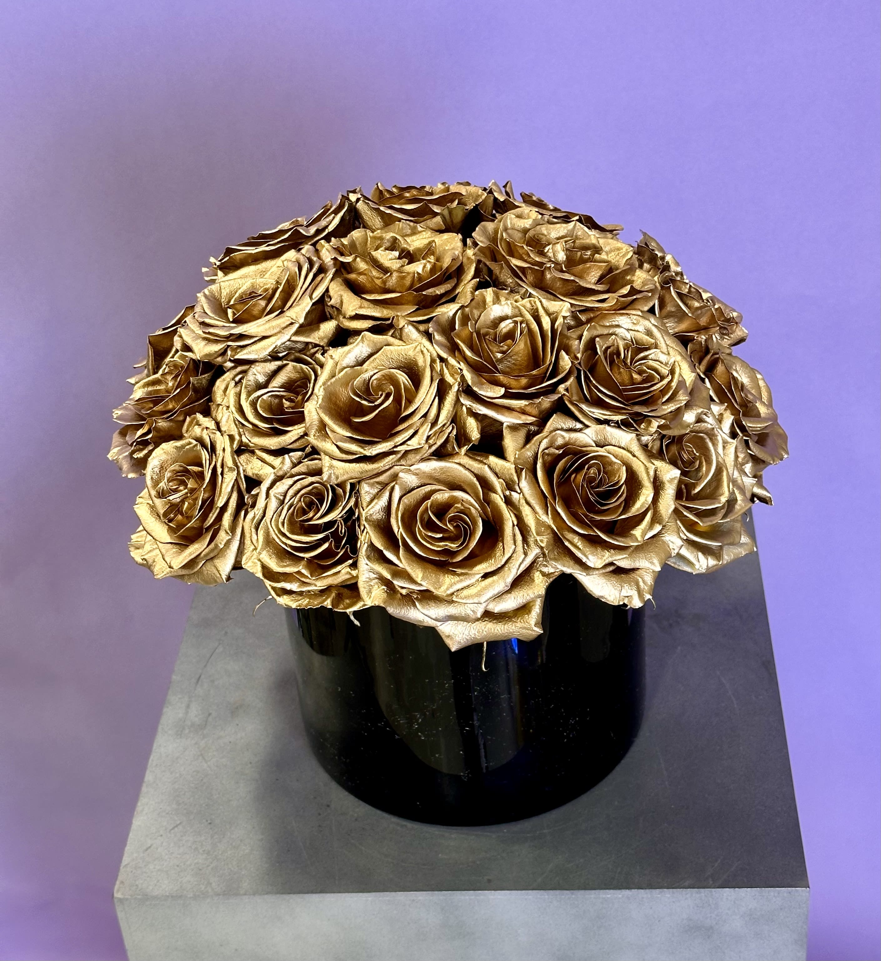 Gold Rush - 2 dozen hand painted gold roses styled in a tight dome. A beautiful holiday gift for anyone who loves gold!