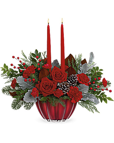 Christmas rose & candles centerpiece Christmas rose & candles centerpiece - Centerpiece done with red roses, carntions, and assorted evergreens in a glass bowl with candles