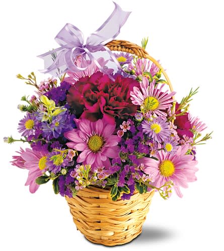 Teleflora's Lavender Garden - Passionate purples and lavenders convey your sincerest wishes and sweetest thoughts. Daisies purple carnations larkspur and purple statice accented by a chiffon bow. Approx: 9&quot; H x 8&quot; W Orientation: All-Around As Shown : TF-F7