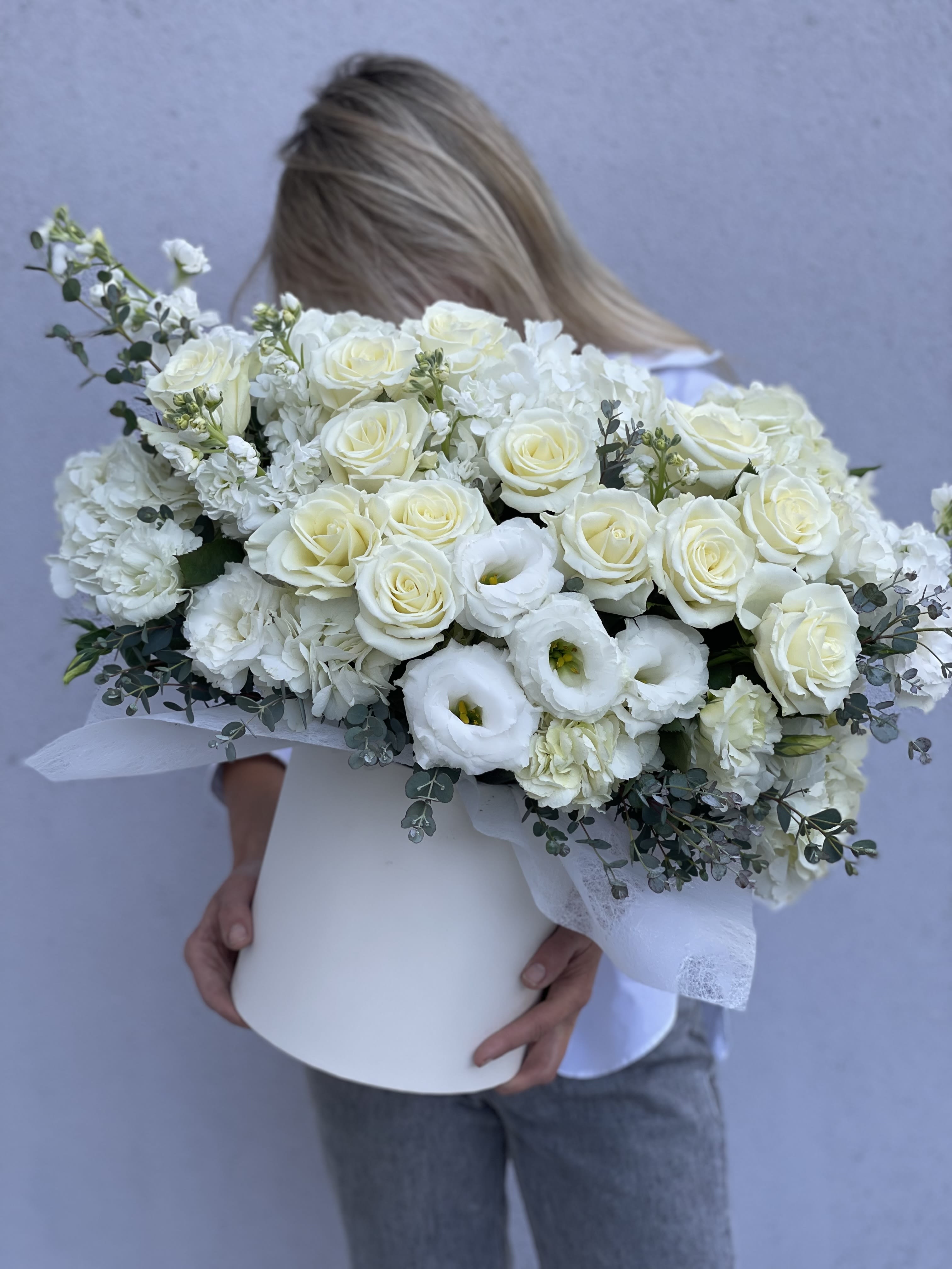 Elegant white box - Gorgeous box with a mix of white flowers! The arrangement was made with beautiful white hydrangeas, beautiful white roses ,amazing white garden roses, white ranunculus,white lisianthus and white stock!