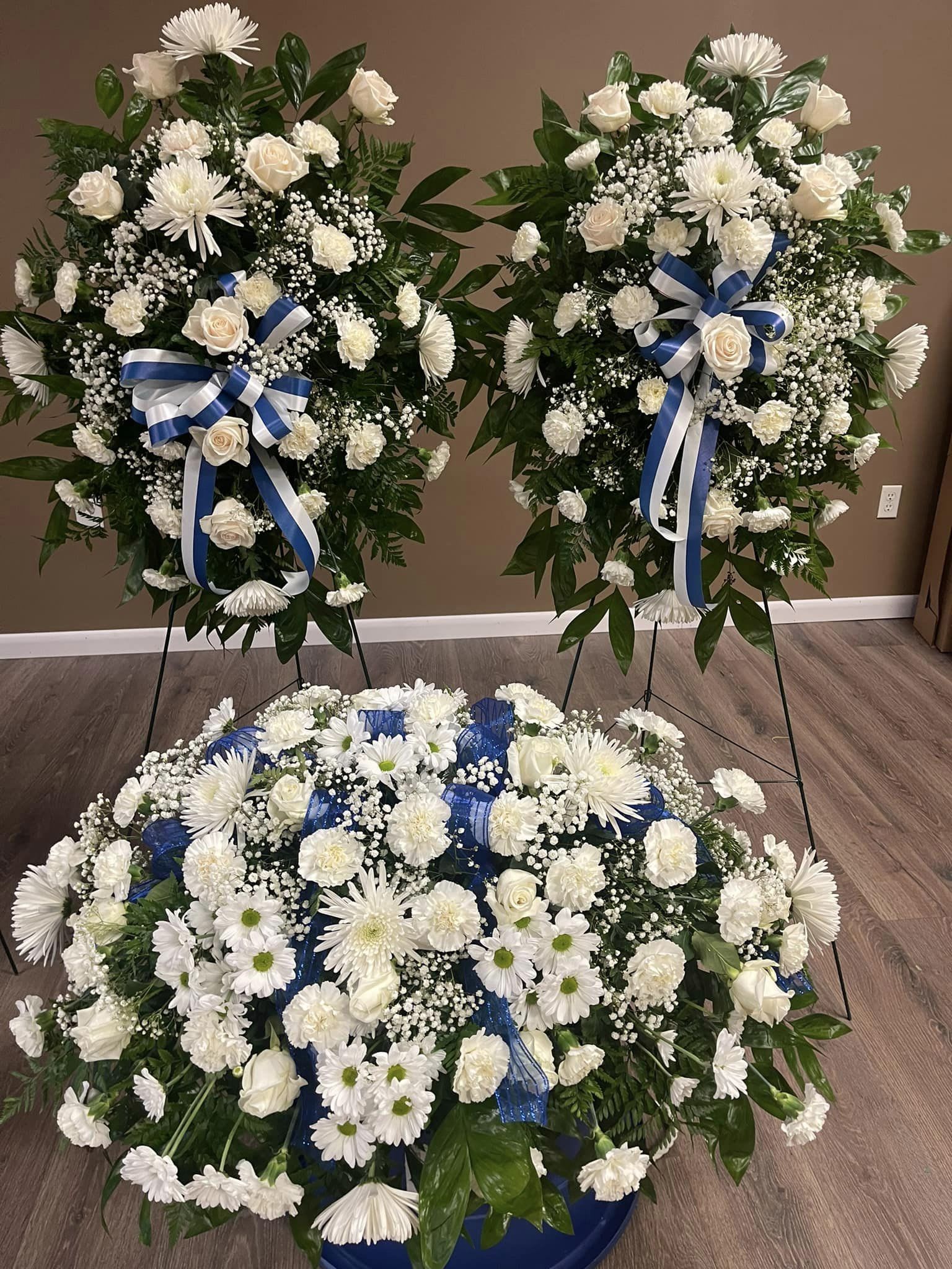 3 PIECE FUNERAL FLORAL TRIBUTE  - Basic Casket Spray -  2 Standing Sprays (42inch easels) 