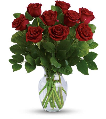 Classic Romance Bouquet - Bring a smile to her lips - and a kiss to yours - with this luxurious bouquet of classic long stemmed roses. It's simply stunning for any romantic occasion in a graceful glass vase with fresh lemon leaf. This classic bouquet features radiant long stemmed red roses accented with lemon leaf. Delivered in a clear glass vase.Approximately 14 1/2&quot; W x 18 3/4&quot; H Orientation: All-Around As Shown : TEV42-8ADeluxe : TEV42-8BPremium : TEV42-8C