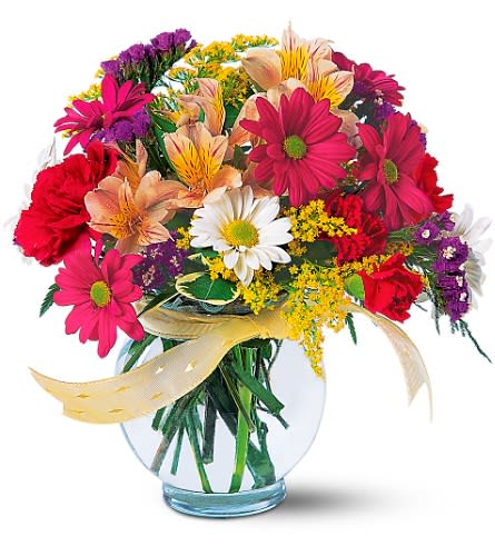 Joyful and Thrilling - There's big news and you want to celebrate. What could add more to the thrill of it all than this bright bold and beautiful bouquet? Richly hued alstroemeria carnations daisies and solidaster arrive in a clear glass bowl decorated with a yellow ribbon.Approximately 10&quot; W x 13&quot; H Orientation: All-Around As Shown : TF121-2