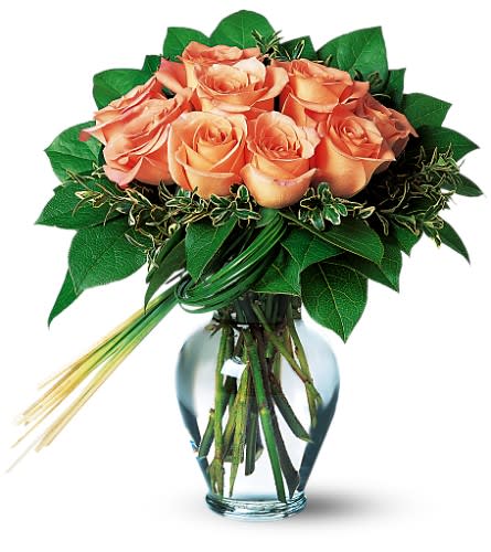 Perfectly Peachy Roses Perfectly Peachy Roses - Send that splendid someone peach roses and a collar of rich green leaves and they'll feel perfectly peachy about you. Nine peach roses with bear grass in a charming glass vase.Approximately 12" W x 12" H Orientation: All-Around As Shown : TF34-1