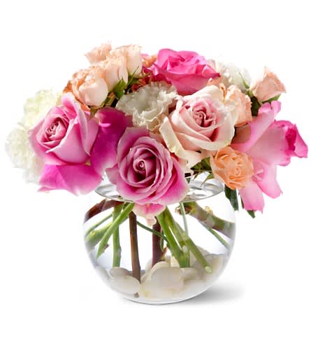 Teleflora's Roses on the Rocks - Like a bottle of champagne on ice the mixed pink roses and white lisianthus in our Roses on the Rocks bouquet bubble with celebration. A sparkling clear glass bubble bowl overflowing with light pink roses medium pink roses pink spray roses and white lisianthus. Approximately 10&quot; (W) x 9&quot; (H) Orientation: All-Around As Shown : TF-WEB7