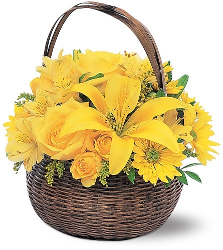 Yellow Flower Basket - This wonderful basket filled with bright yellow flowers is so cheerful it will make that special someone smile. Alstroemeria chrysanthemums and roses arrive tucked into a round wicker basket.Approximately 9-1/2&quot; W x 12&quot; H Orientation: All-Around As Shown : TF109-3