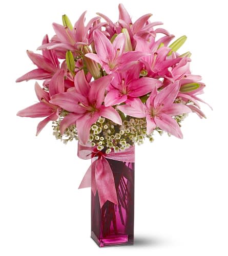 Teleflora's Pretty Pink Lilies - This bright bunch of pink Asiatic lilies nestled in a base of tiny white blossoms is showy fragrant and fabulous! This bright bunch of pink Asiatic lilies nestled in a base of tiny white blossoms is showy fragrant and fabulous! Delivered in a plum-colored vase with a pink satin bow it's an elegant gift for any day of the year. Pink Asiatic lilies and white waxflower are arranged in a Teleflora plum glass bunch vase decorated with a pink satin ribbon. Approximately 15&quot; (W) x 20&quot; (H) Orientation: All-Around As Shown : TFWEB346