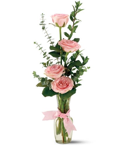 Teleflora's Rose Quartet Vase - Send a bit of enchanting charm to a friend or loved one with this vase of joyful pink roses. Pink roses are arranged with decorative foliage ? and finished with ribbon. Approx. 22&quot; H x 9&quot; W Orientation: One-Sided As Shown : TF-F10