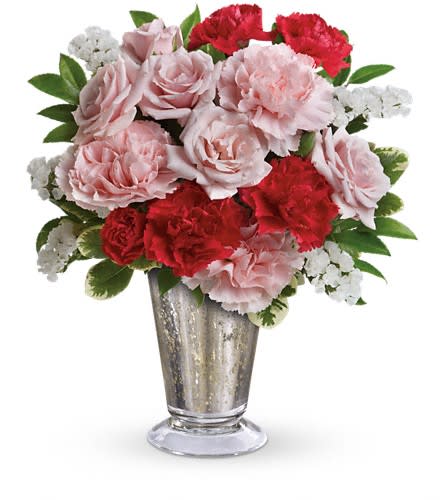 My Sweet Bouquet by Teleflora - Send someone special a sparkling token of your affection with this gorgeous pink and red bouquet. Romantic as can be the mix of roses and carnations is beautifully arranged in a chic mercury glass vase. It's an instant classic! Includes light pink spray roses light pink carnations miniature red carnations and white statice accented with fresh greenery. Delivered in a small Mercury Glass Julep.Approximately 9 1/2&quot; W x 10 3/4&quot; H Orientation: One-Sided As Shown : TEV21-4ADeluxe : TEV21-4BPremium : TEV21-4C
