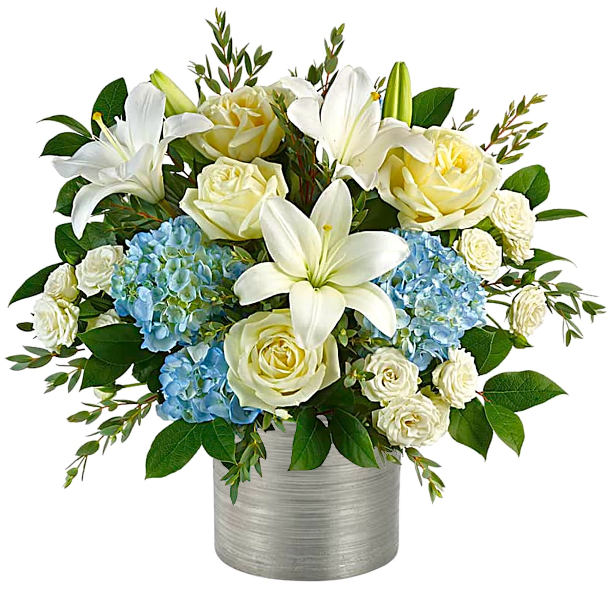 Ocean Sparkle Arrangement - Capture the magic of the sparkling sea with this soothing arrangement of blue hydrangea and white roses, artfully arranged in a glass vase.  DETAILS This beautiful arrangement includes blue hydrangea, white roses, white spray roses, parvifolia eucalyptus, and lemon leaf.  VASE INCLUDED  FLORIST-TO-DOOR  Orientation: All-Around  BLOOM DETAILS Roses Asiatic Lilies Spray Roses Hydrangeas Greenery  The Standard Arrangement is approximately 20 1/2&quot; H x 17 1/2&quot; W. The Deluxe Arrangement is approximately 20 1/2&quot; H x 17 1/2&quot; W. The Premium Arrangement is approximately 20 1/2&quot; H x 17 1/2&quot; W.  Designed by our award-winning florist designers.  HOW TO CARE FOR YOUR FLOWERS 1. Keep in a location without direct sunlight and away from extreme heat or cold. 2. Add water regularly to keep floral foam moist and mix in the flower food packet provided. 3. As flowers/foliage wilt, remove &amp; discard  Please Note: The arrangement pictured reflects an original design for this product. While we always do our best to follow the original flower recipe, the exact flower or container is sometimes unavailable. We may replace items of equal or greater value to deliver the freshest flowers possible while keeping the style &amp; color palette. We assure you that we will create a beautiful, fresh flower arrangement with only the best quality flowers to keep you as a loyal customer.  How to place an order? We have several options. 1. You can place an order directly on this secure website... OR 2. You can call in your order by dialing: (323) 262 - 9238... OR 3. You can visit our store (appointment recommended 323.262.9238)  NINFA'S FLOWERS 2405 WHITTIER BLVD. LOS ANGELES, CA. 90023  ATTENTION: *Please note that on busy holidays, Valentine's Day, and Mother's Day, we cannot verify if the recipient received the flowers until the following day because our drivers don't turn in their signature delivery tablets until the following day. You can verify delivery on the website after 10:00 pm, call 323.262.9238 the following day after 10:00 am, or contact the recipient directly if you haven't received a call from them. Thank you for your patience and understanding.