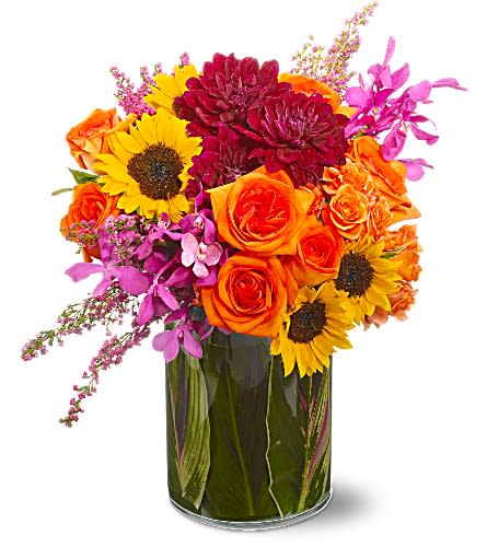 Summer Salsa - For a bouquet that's blazing hot and spicy with color choose this mix of coral roses purple dahlias purple orchids and yellow sunflowers. It's an exciting summer salsa of flowers! Coral roses purple dahlias purple Mokara orchids and yellow miniature sunflowers accented with heather are delivered in a cylindrical clear glass vase lined with Ti leaves. Approximately 13&quot; (W) x 16&quot; (H) Orientation: All-Around As Shown : TFWEB185