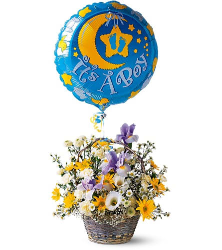 It's a Boy! Basket - What a joy it is to have a boy! With this bright stylish arrangement they'll know just how excited you are about their new arrival. Carnations chrysanthemums and iris in a darling wicker basket arrive with an attached &quot;It's a Boy!&quot; foil balloon.Approximately 17&quot; W x 15&quot; H (without balloon) Orientation: One-Sided As Shown : TF47-4