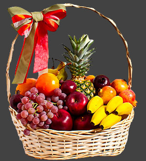 Gourmet Fruit Basket - This is a great gourmet fruit basket gift for any occasion. Consists of fresh fruit, crackers, cookies, nuts, bananas, grapes, cantaloupe/melon pineapple, apples, pears, mix fruit. big beautiful bow.