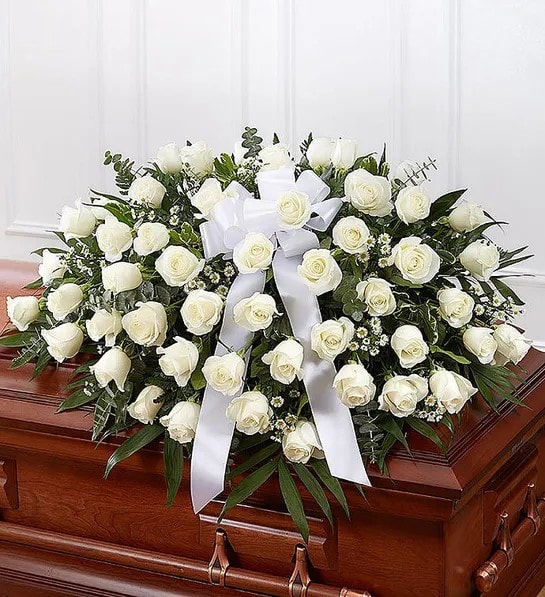 All white rose half casket spray  - White Roses and greenery 
