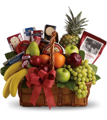 Bon Vivant Gourmet Basket - Life really can be a picnic for whoever is lucky enough to receive this tasteful basket. Overflowing with deliciousness it's perfect for a party or a delightful day at the park! Red and green apples bananas pears oranges a pineapple green grapes pretzels cheeses and crackers gourmet chocolates and cookies and Earl Grey tea. This feast comes delivered in a handled wicker basket complete with red organza ribbon. Bon app?tit!Approximately 22&quot; W x 23&quot; H Please note: All of our bouquets and gift baskets are hand-arranged and delivered locally by professional florists. This item may require additional lead time so same-day delivery is not available. Orientation: N/A As Shown : T107-1ADeluxe : T107-1BPremium : T107-1C