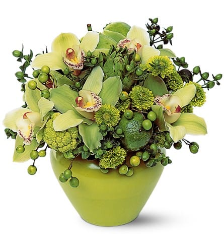 Shades of Green - The lovely combination of green cymbidium orchids and fresh fruits makes this arrangement both lovely and subdued. The perfect complement to any room or office. Chinaberries chrysanthemums hypericum and orchids along with limes artichokes and figs arrive in a matching vase.Approximately 10&quot; W x 10&quot; H Orientation: All-Around As Shown : TF147-3