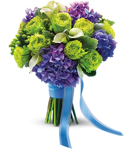 Luxe Lavender and Green Bouquet - Steal the show with this bright modern mix of green garden roses purple hydrangea and mini white callas. Green roses purple hydrangea and white miniature callas all bundled in a blue satin ribbon.Approximately 13&quot; W x 15 1/2&quot; H Orientation: N/A As Shown : T182-2A