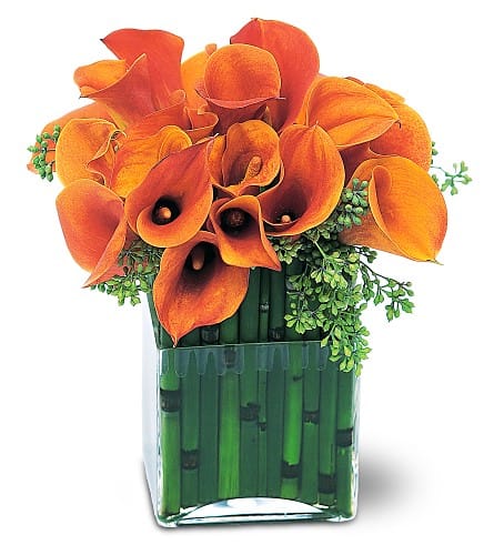 Bronze Callas - Like a bronze statue these lovely callas make a strong statement about great taste. Perfect for home or office. Miniature bronze callas with equisetum stalks styled in the vase arrive in a square glass vase. Approximately 11&quot; W x 12&quot; H Orientation: All-Around As Shown : TF151-3
