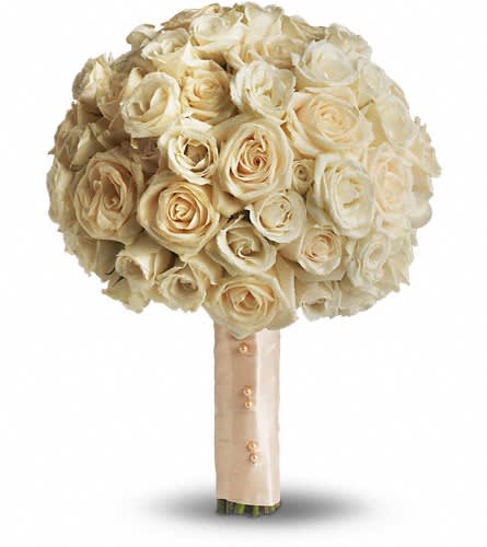 Blush Rose Bouquet - Add a classic touch to your special day with this simply gorgeous bouquet of cr?me roses wrapped with creamy satin ribbon. A generous bouquet of cr?me roses bound with a satin ribbon.Approximately 10&quot; W x 13&quot; H Orientation: N/A As Shown : T186-1A