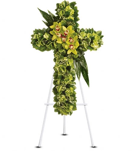 Heaven's Comfort - A life-affirming gift of faith and hope is always appreciated in a family's darkest hours. This elegant cross delivers that message in a way that will touch many hearts. Green hydrangea along with a dazzling mix of exotic green flowers and leaves create a beautiful and textured cross delivered on an easel.Approximately 22&quot; W x 35&quot; H Orientation: One-Sided As Shown : T247-1A