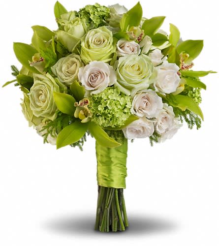 Luscious Love Bouquet - As delightful as a crisp green apple this beautiful bouquet of green cymbidium orchids viburnum and roses is one to remember. Green cymbidium orchids and viburnum with white and green roses accented with lycopodium.Approximately 12&quot; W x 13 3/4&quot; H Orientation: N/A As Shown : T195-1A