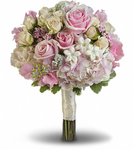 Pink Rose Splendor Bouquet - A wonderfully wide variety of soft pink and white blooms make this fragrant bouquet fabulously feminine. Sensational stems of pink hydrangea light pink roses cr?me roses pink sweet pea pink bouvardia stephanotis and dusty miller are contrasted against variegated pittosporum.Approximately 11&quot; W x 13 1/2&quot; H Orientation: N/A As Shown : T190-1A