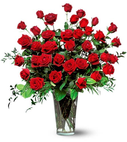 Three Dozen Red Roses - They say good things come in threes. Send these and you'll see just how good it can be. Three dozen long-stemmed red roses in a striking glass vase. Approximately 30&quot; W x 34&quot; H Orientation: One-Sided As Shown : TF30-1