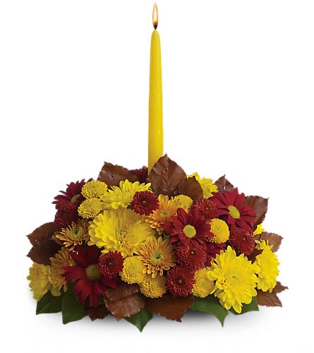 Harvest Happiness Centerpiece - This beautiful fall arrangement makes it easy to harvest all of the happiness and warmth of the season and send it to someone special. Fall's rainbow of rich hues are on display with three different varieties of chrysanthemums in shades ranging from burgundy and bronze to sunny yellow. Copper colored beech is a great accent. So go ahead harvest a whole bunch of happiness and share it with those you love.Approximately 12&quot; W x 14&quot; H Orientation: All-Around As Shown : T168-2ADeluxe : T168-2BPremium : T168-2C