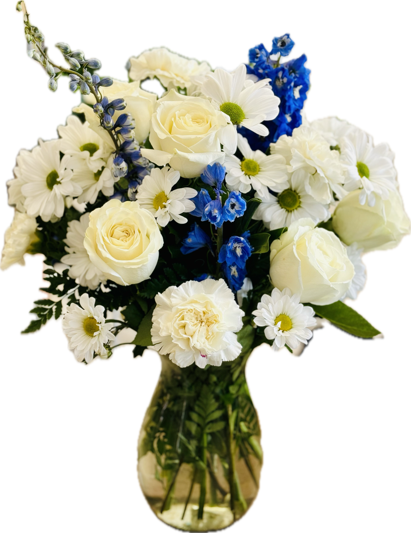 Wonderfully White  - A beautiful white arrangement with accents of blue to help highlight the beauty of white