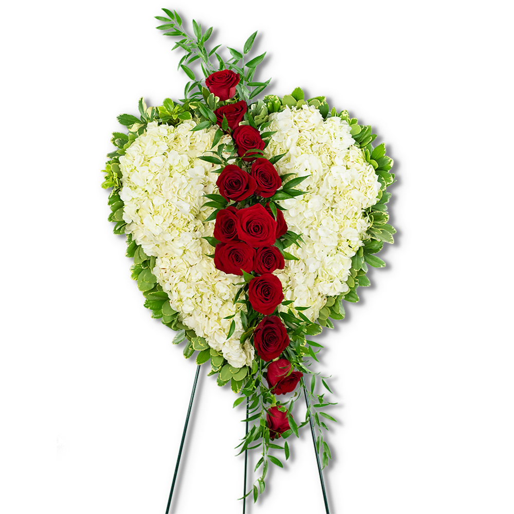 Lost Love Heart - Our Lost Love Heart is a classic and beautiful choice for funeral flowers or a celebration of life ceremony. This standing spray features beautiful red roses, white hydrangea, and a variety of premium foliage, artfully designed to be displayed as a broken heart. Red roses symbolize respect, love, and courage in a sympathy design. Funeral flowers are a meaningful way to celebrate the life of the deceased, while providing comfort to the friends and family left behind.