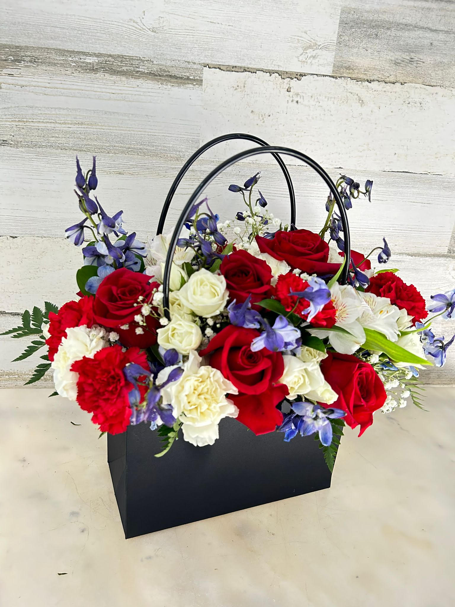 Freedom wallet Freedom wallet - Red and white flowers include Delphinium on a wallet box