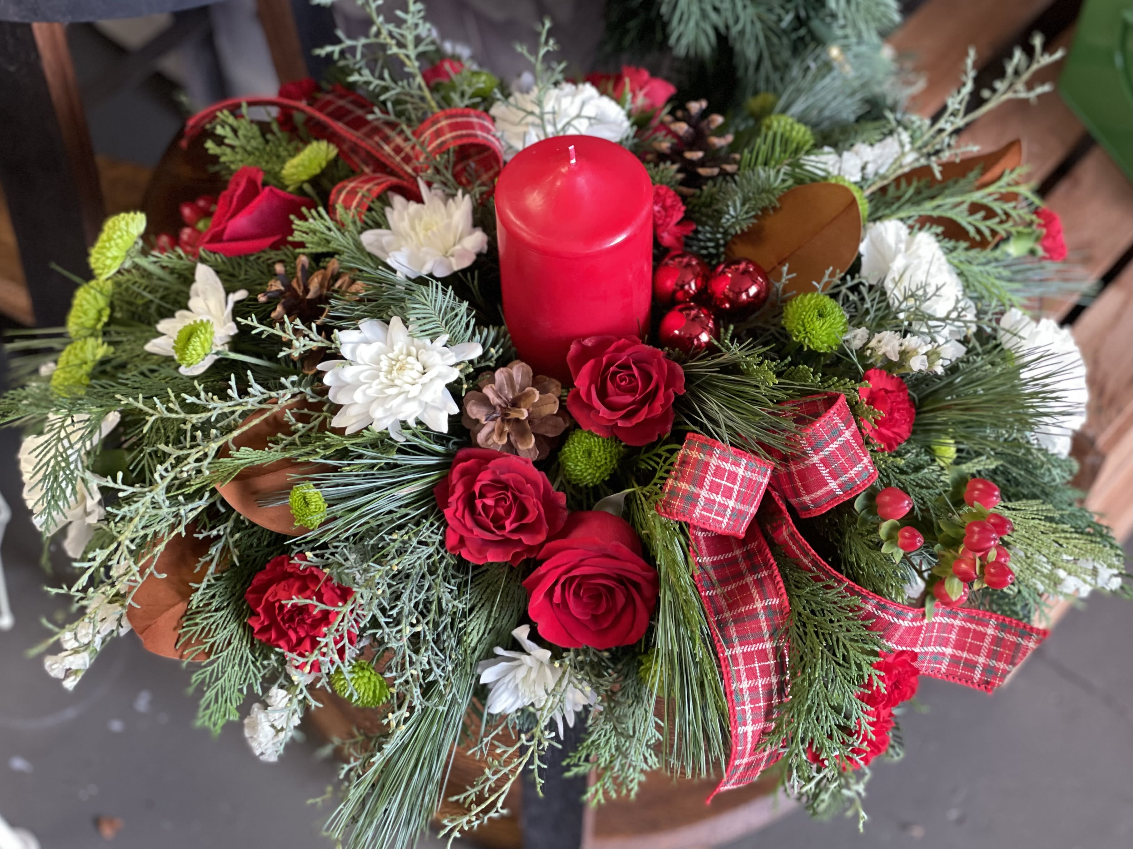 Deck the Halls Centerpiece in Lebanon, OH Flowers from the Rafters