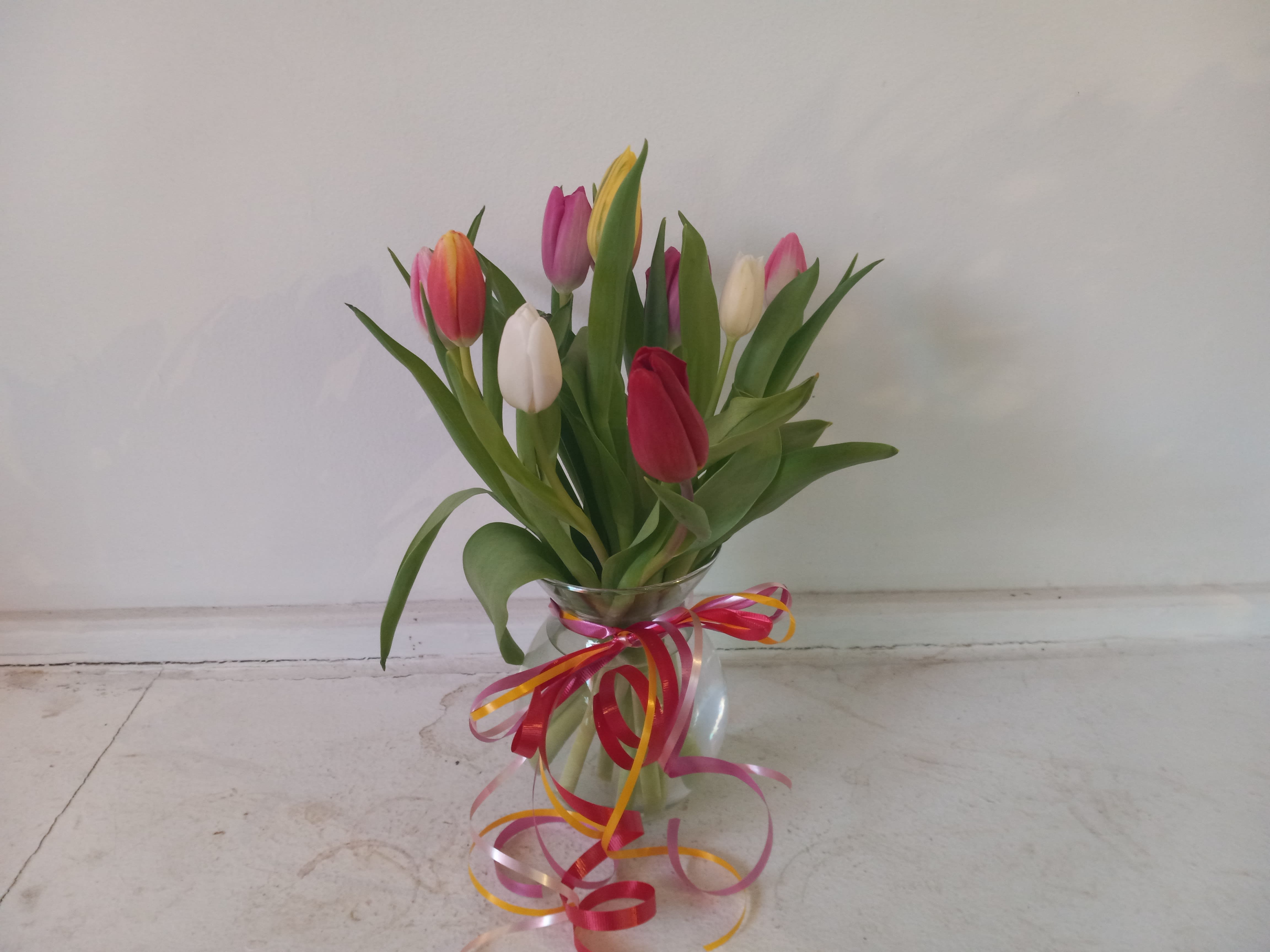 Tulips - Premium assorted tulips in a  vase with confetti ribbon 