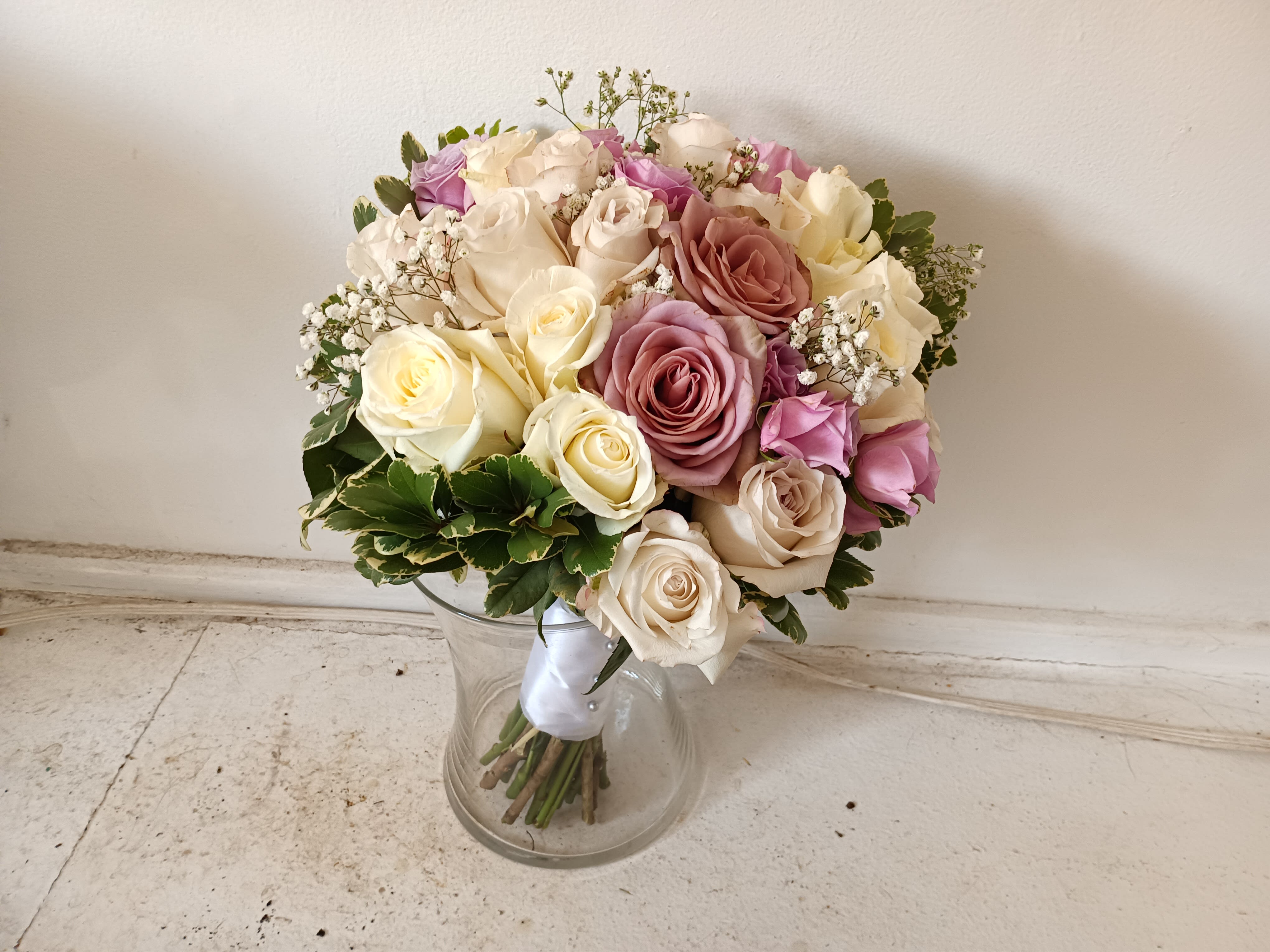 Lya - Beautiful pale pastel colors roses hand tied round presentation bouquet, can be used as graduation,  bridal or bridesmaids bouquet.