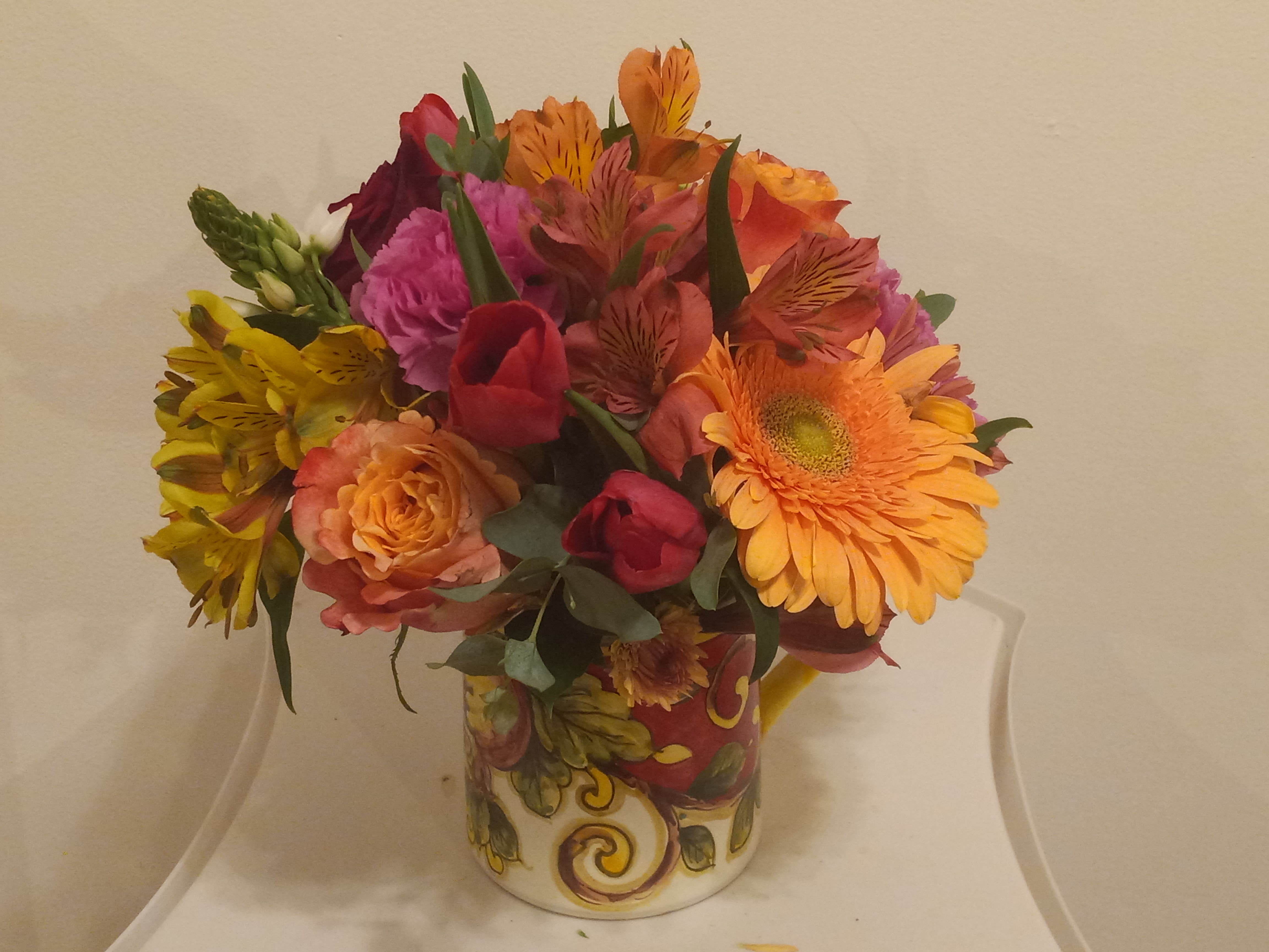 From Exclusive Collection: Pomegranate mug with fresh flowers  - Unique authentic hand painted in Italy &quot;Pomegranate&quot; mug decorated with fresh mixed flowers of matching colors can serve as a memorable one-of-a-kind usable souvenir for any occasion 