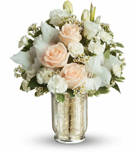 Teleflora's Recipe for Romance - You'd better be ready for romance when you send this stunning bouquet to someone special. Every detail including its extraordinarily beautiful vase is handled with care. Cr?me roses white spray roses gladioli miniature white carnations lisanthius and waxflower are delivered in an antique silver hurricane Mercury Glass Vase. This is one recipe that will be long remembered.Approximately 11 1/2&quot; W x 14 1/2&quot; H Orientation: One-Sided As Shown : T54-1ADeluxe : T54-1BPremium : T54-1C